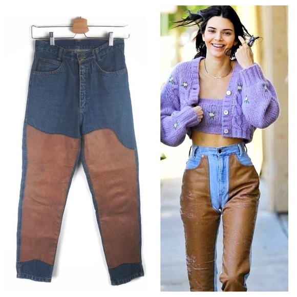 Vintage Leather Jeans Patchwork Crop Mom Denim XS - Picture 2 of 8